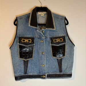 Vtg St. Maarten Dallas Denim Vest Black Leather Studs Buckles Pockets Size M